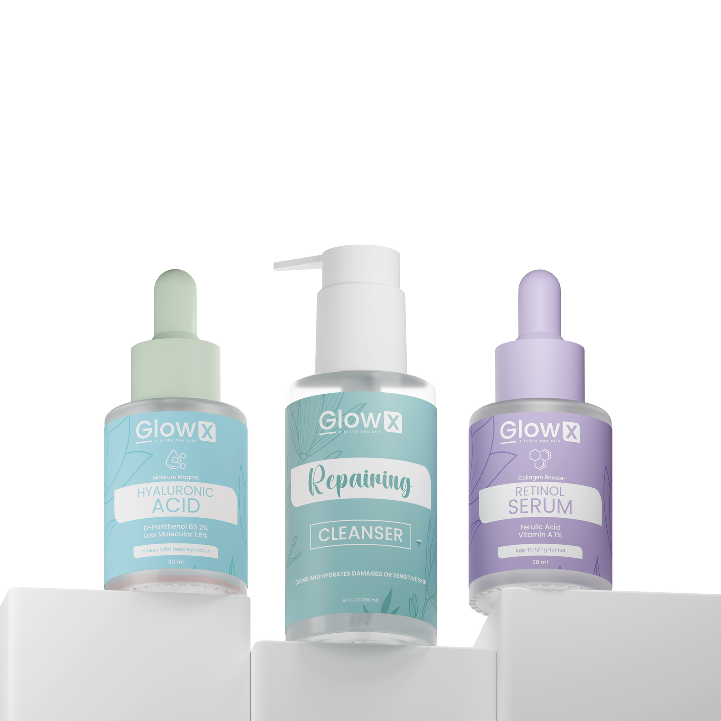 Three skincare products from Glowx on a white background