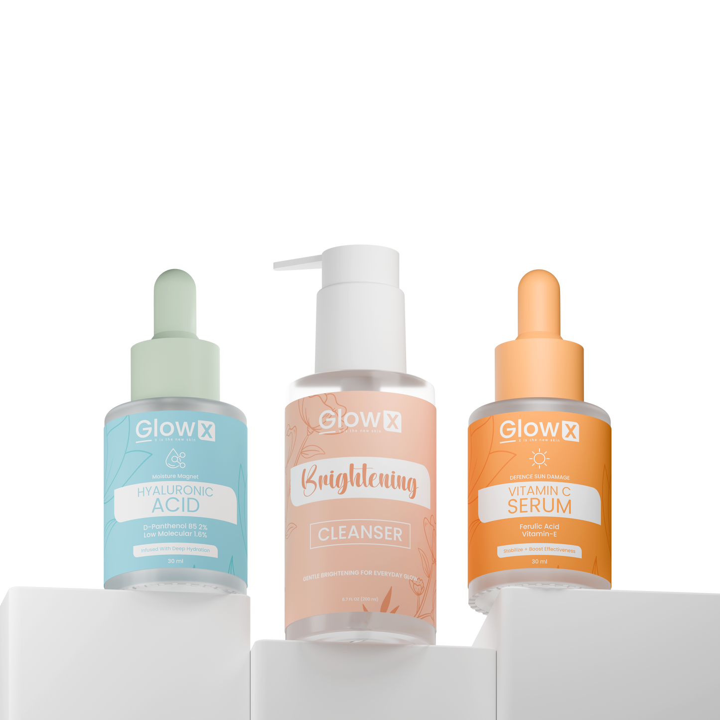Three skincare products from Glowx on a white background