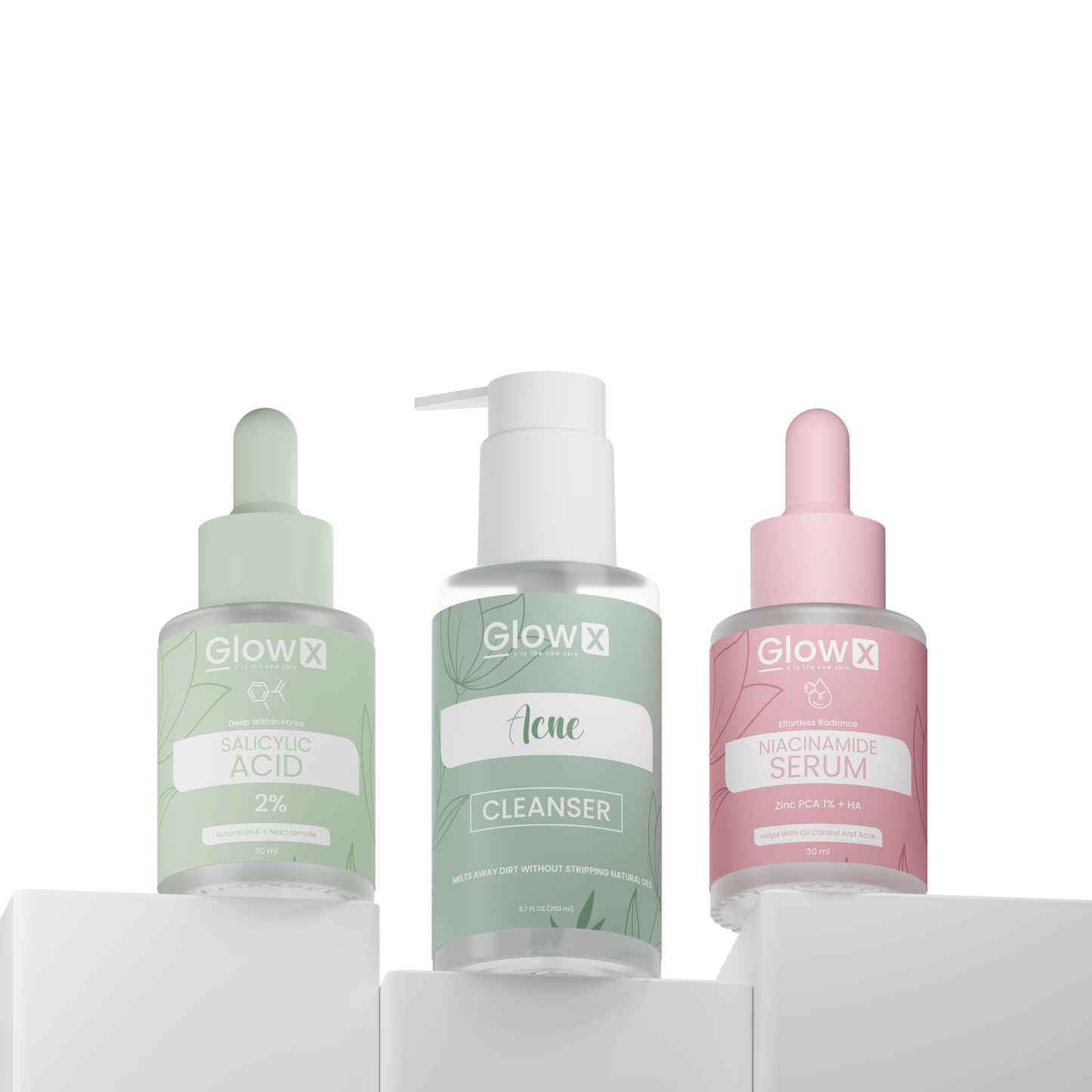 Three Glowx skincare products from Glowx on a white background