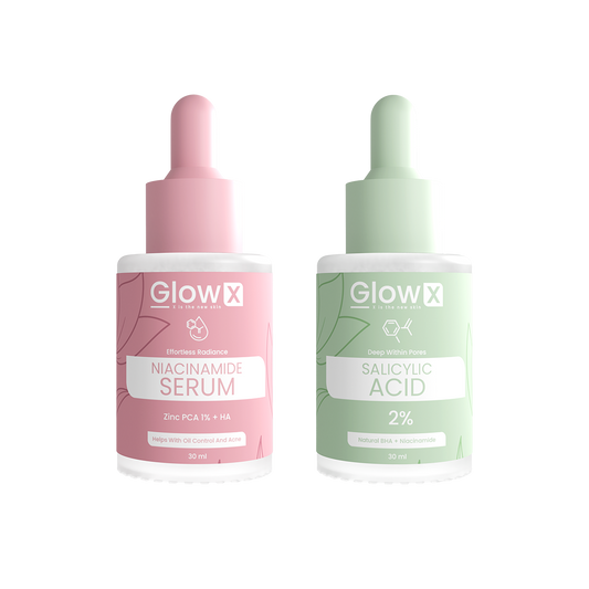 Two skincare serum bottles from Glowx on a white background