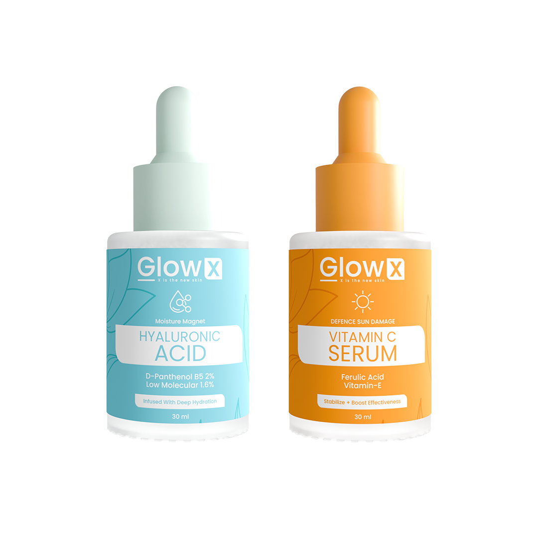 Two skincare dropper bottles labeled 'GlowX' for Hyaluronic Acid and Vitamin C Serum on a white background.