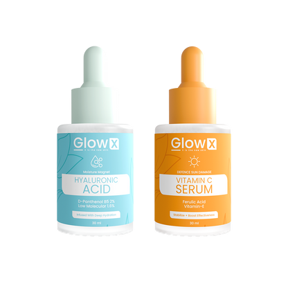 Two skincare dropper bottles labeled 'GlowX' for Hyaluronic Acid and Vitamin C Serum on a white background.