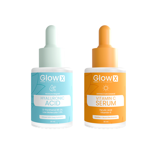Two skincare dropper bottles labeled 'GlowX' for Hyaluronic Acid and Vitamin C Serum on a white background.