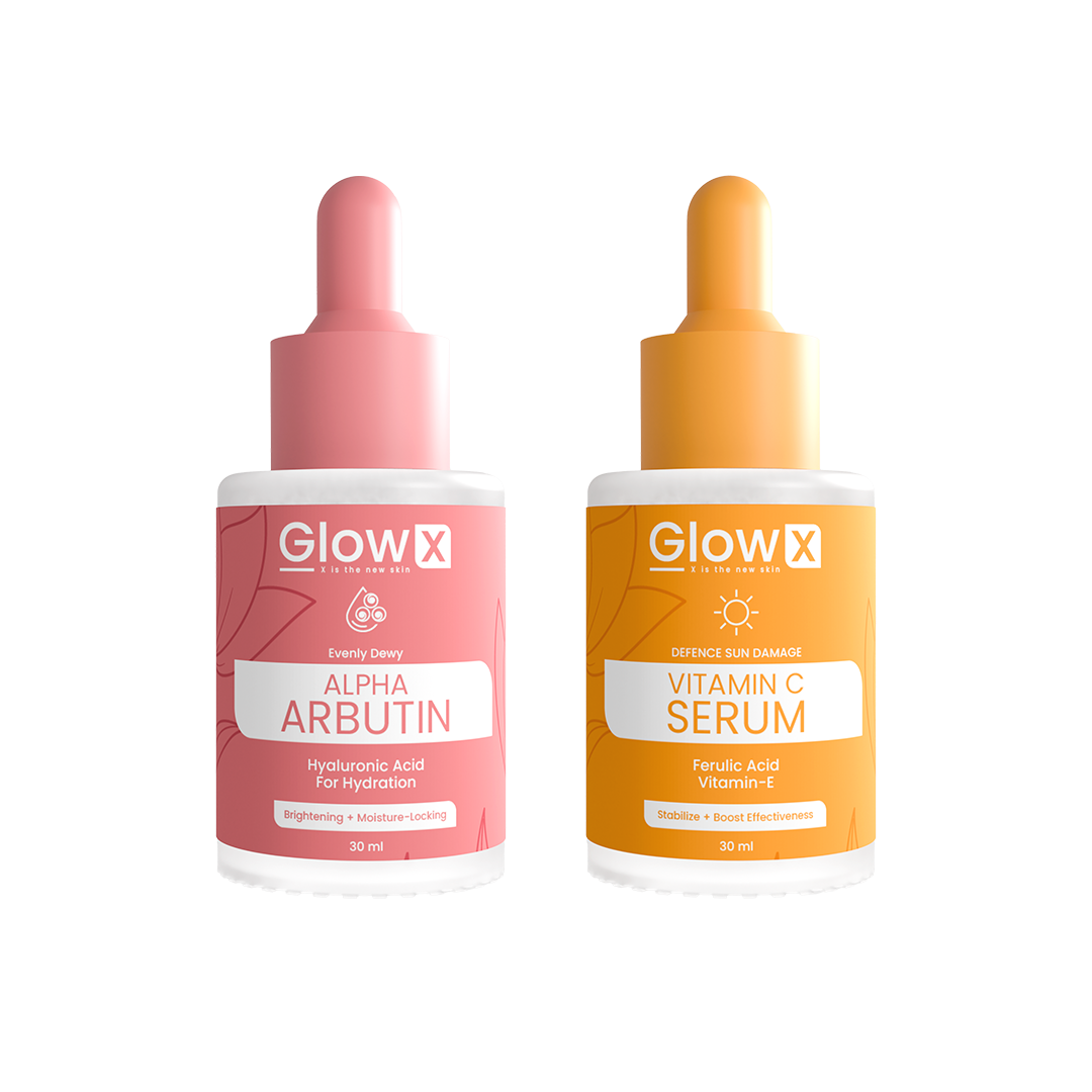 Two GlowX skincare serum bottles, one pink and one orange, on a white background.