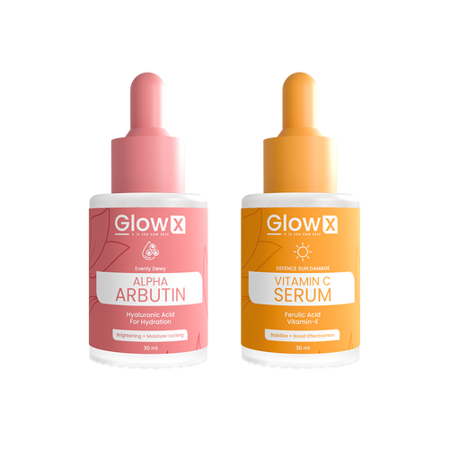 Two GlowX skincare serum bottles, one pink and one orange, on a white background.