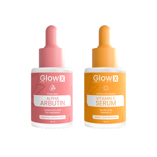 Two GlowX skincare serum bottles, one pink and one orange, on a white background.
