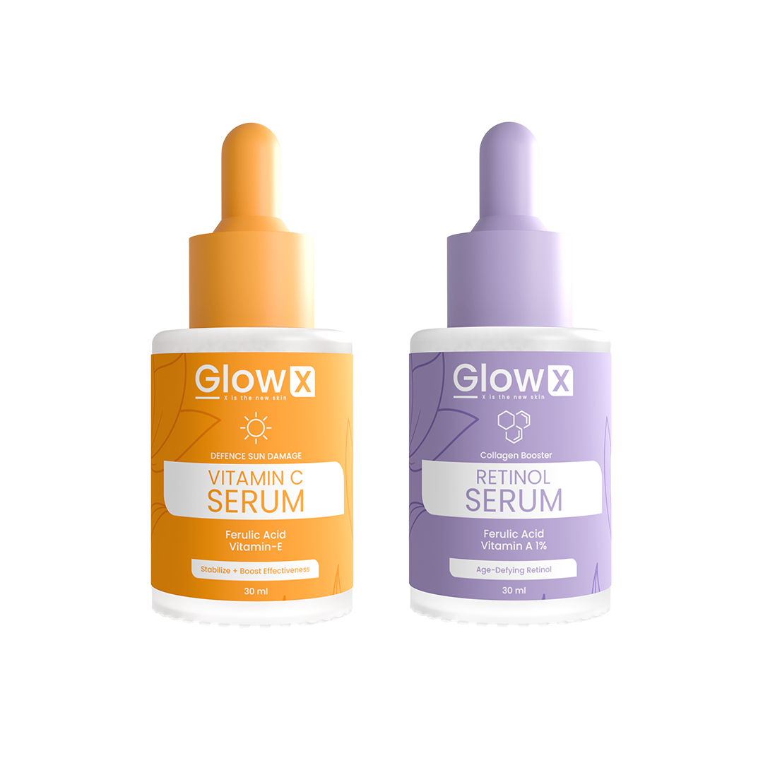 Two skincare serum bottles from GlowX on a white background