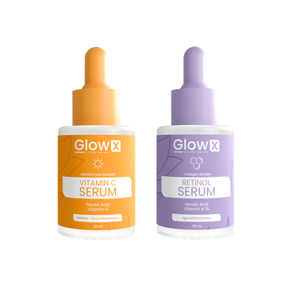 Two skincare serum bottles from GlowX on a white background