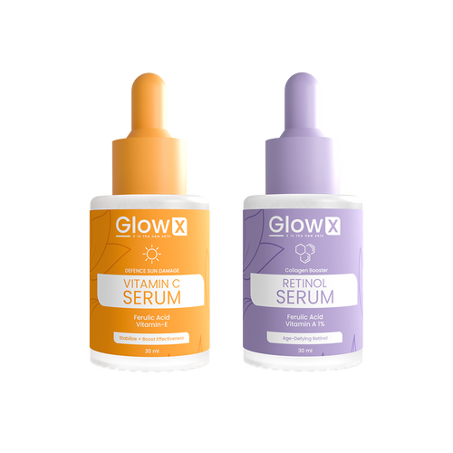 Two skincare serum bottles from GlowX on a white background