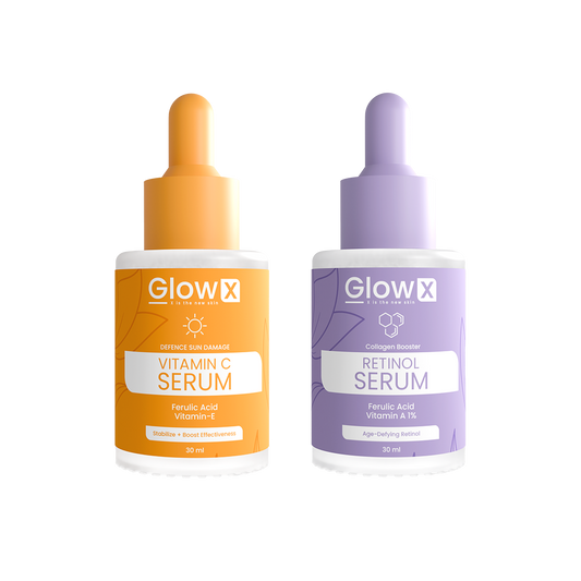 Two skincare serum bottles from GlowX on a white background