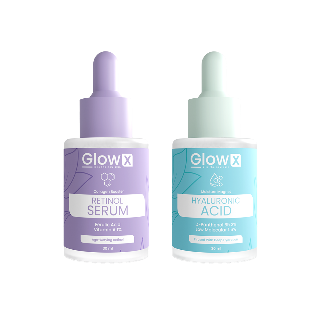 Glowx Two skincare serum bottles from GlowX on a white background