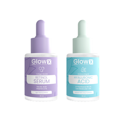 Glowx Two skincare serum bottles from GlowX on a white background