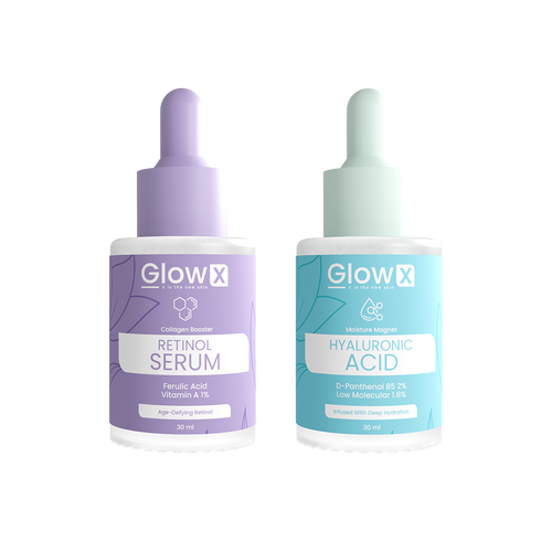 Glowx Two skincare serum bottles from GlowX on a white background