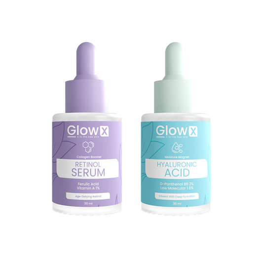 Glowx Two skincare serum bottles from GlowX on a white background