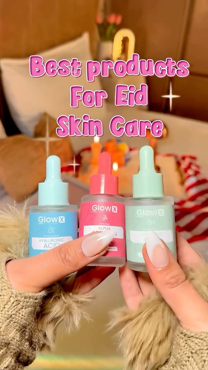 Three skincare products held by a hand with text 'Best products For Eid Skin Care' on a blurred background.