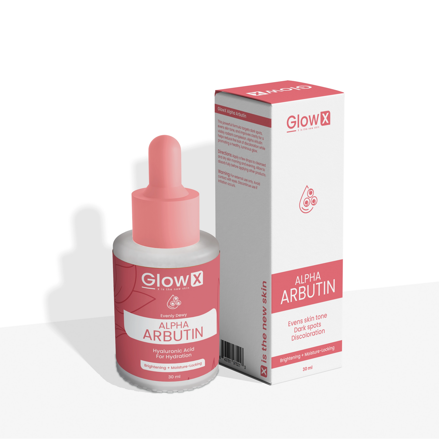 GlowX Alpha Arbutin skincare dropper bottle and packaging on a white background