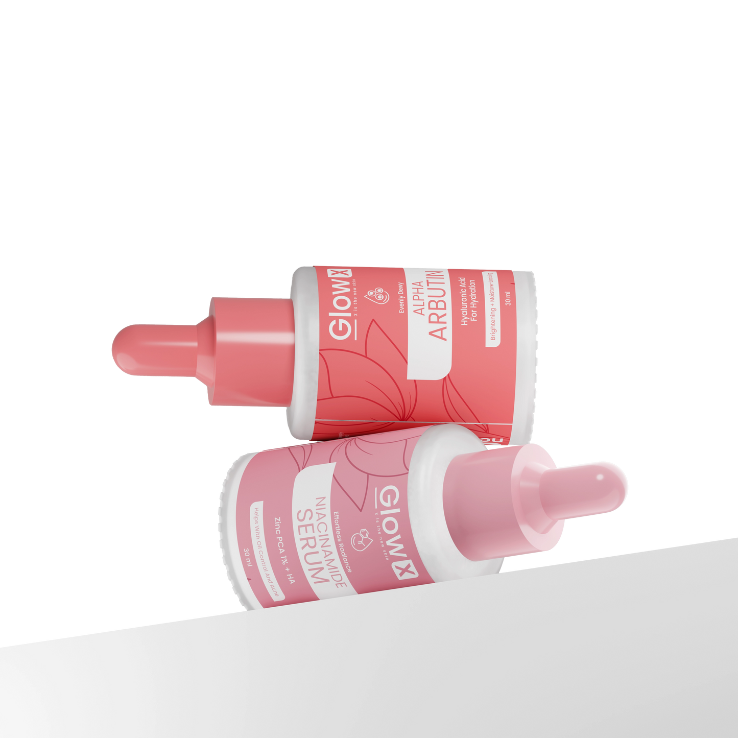 Two Glowx skincare droppers with visible branding on a white background