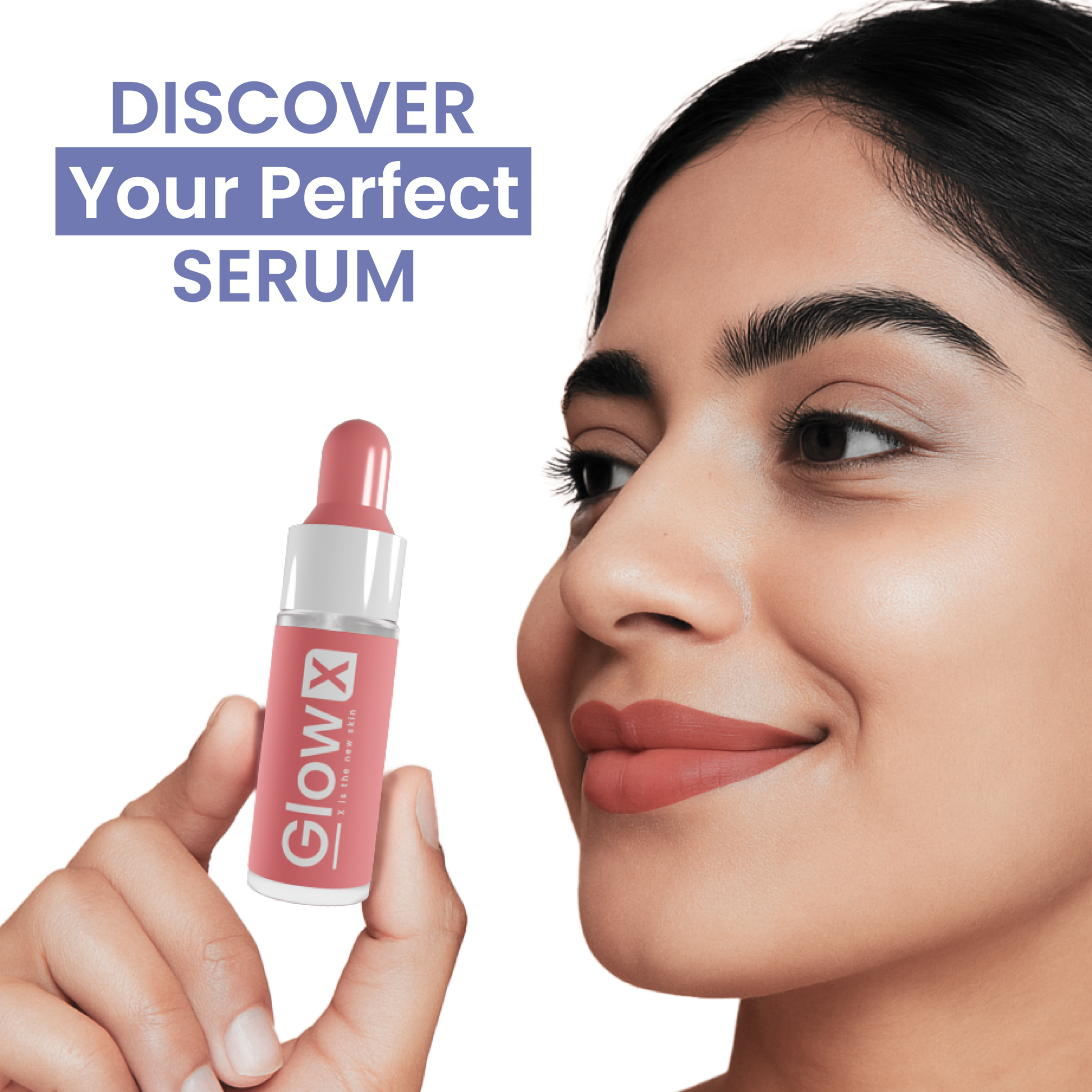 Woman holding a pink serum bottle with 'GlowX' branding, against a neutral background.