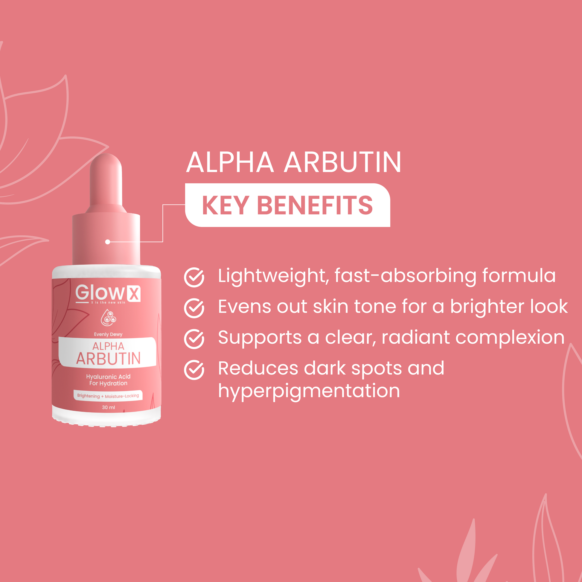 GlowX Alpha Arbutin skincare product with key benefits on a pink background