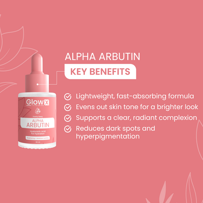 GlowX Alpha Arbutin skincare product with key benefits on a pink background