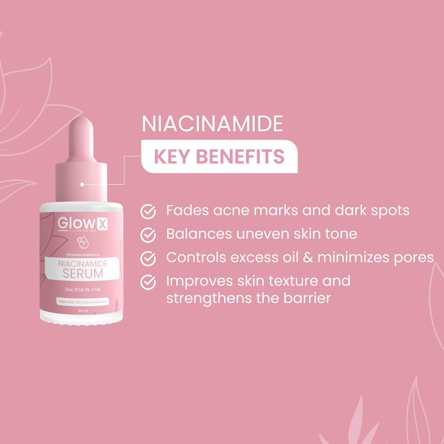 GlowX niacinamide serum bottle with key benefits on a pink background