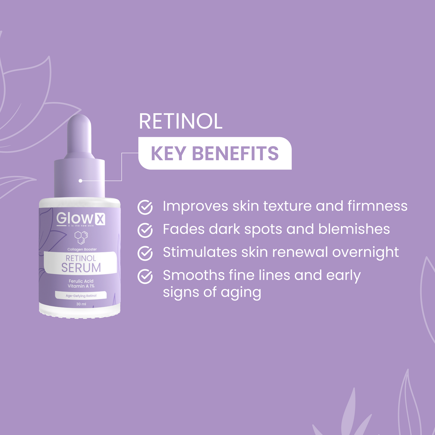 GlowX Retinol Serum bottle with key benefits on a purple background