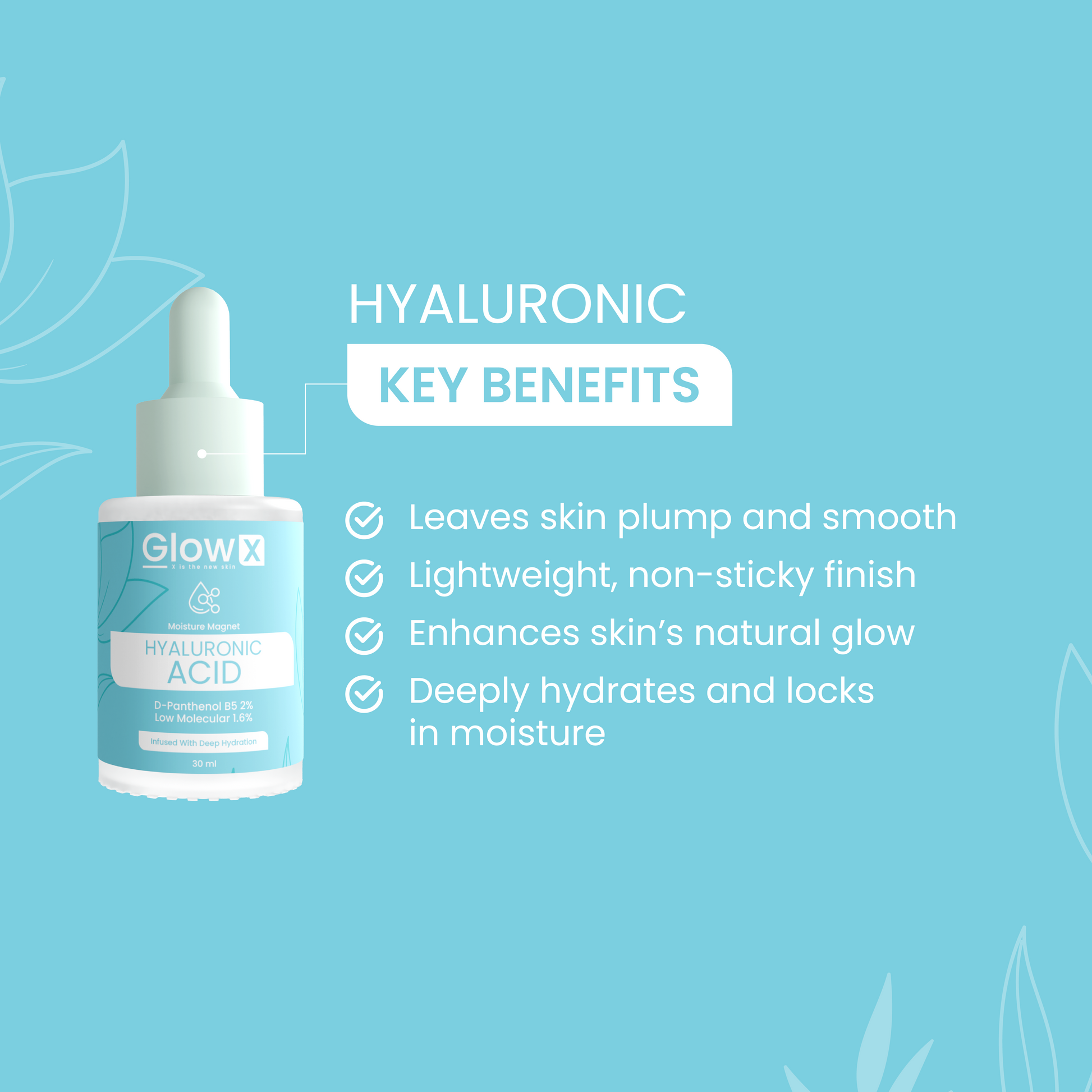GlowX hyaluronic acid serum bottle with key benefits on a blue background