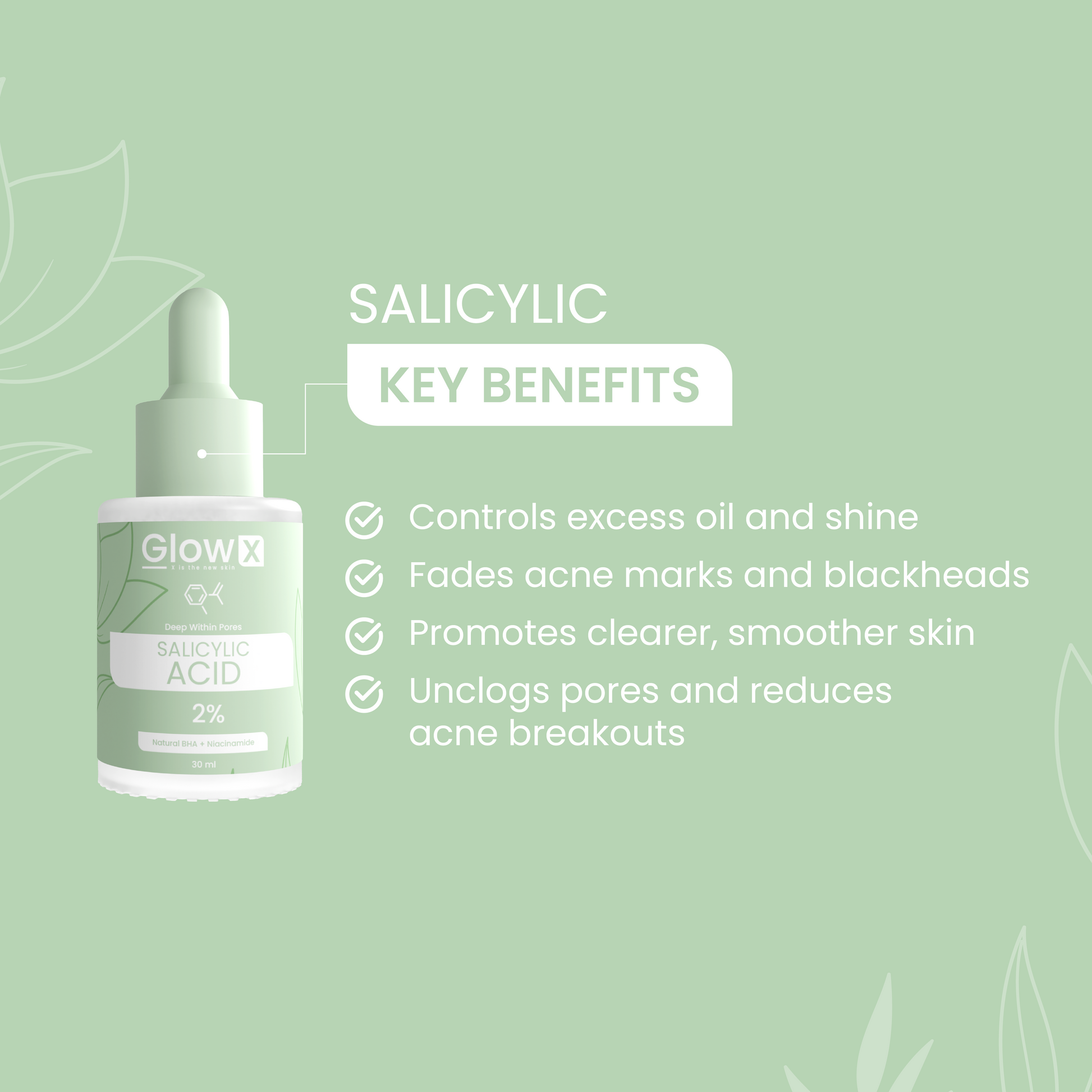GlowX Salicylic Acid skincare serum bottle with key benefits on a green background