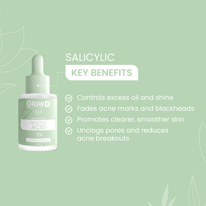GlowX Salicylic Acid skincare serum bottle with key benefits on a green background