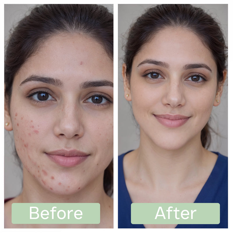 Before and after comparison of a woman's face with visible acne treatment results.