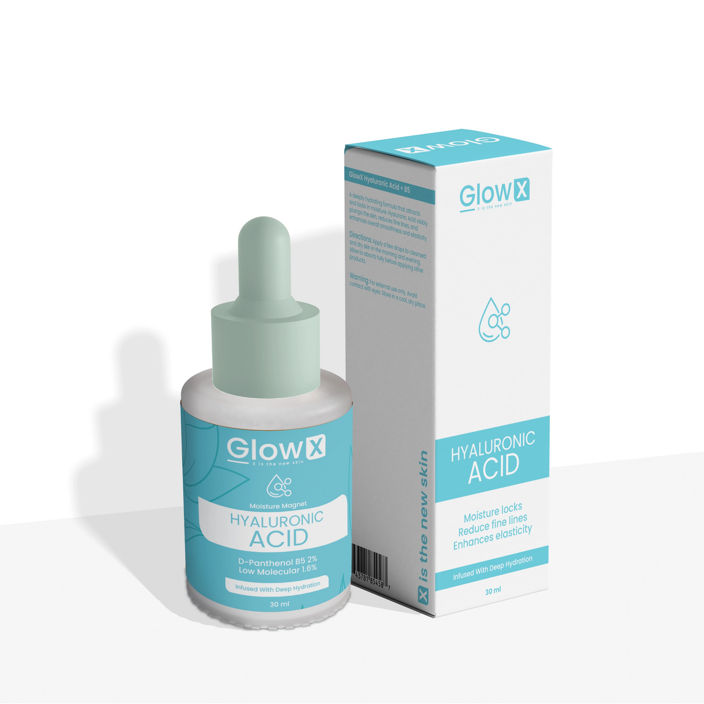 GlowX hyaluronic acid dropper bottle and packaging on a white background