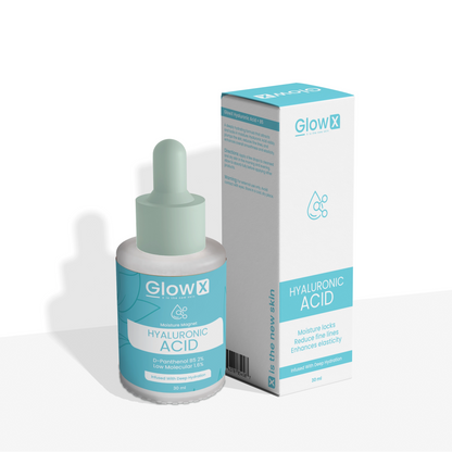 GlowX hyaluronic acid dropper bottle and packaging on a white background