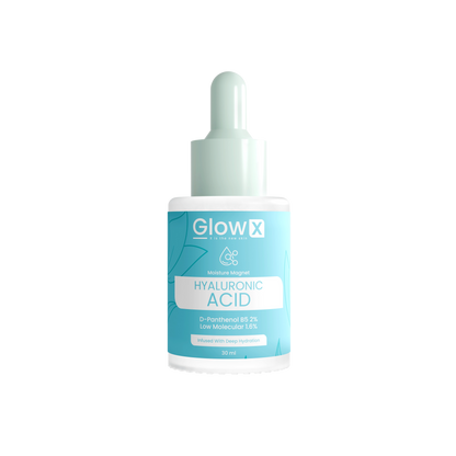 GlowX hyaluronic acid serum bottle on a white background