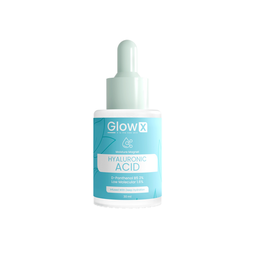 GlowX hyaluronic acid serum bottle on a white background