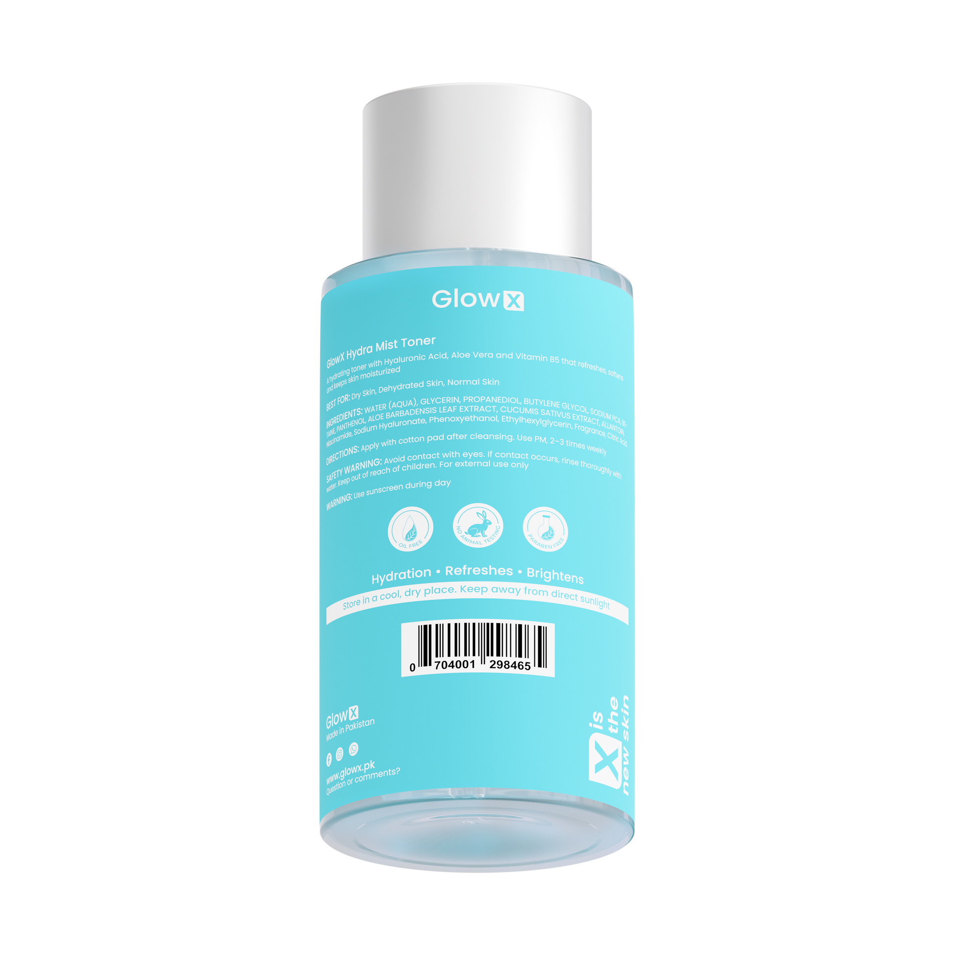 Glowx Blue bottle with white cap on a white background