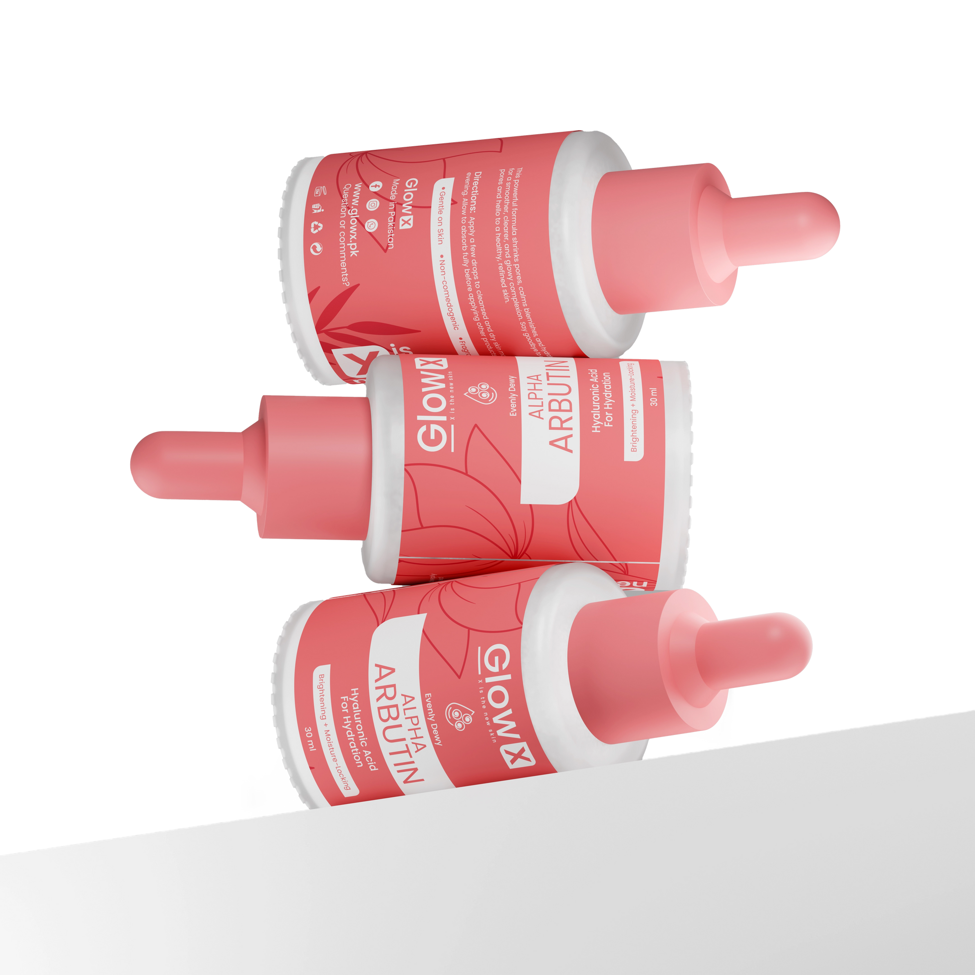 Three Glowx bottles of Glow Recipe Alpha Arbutin serum on a white background