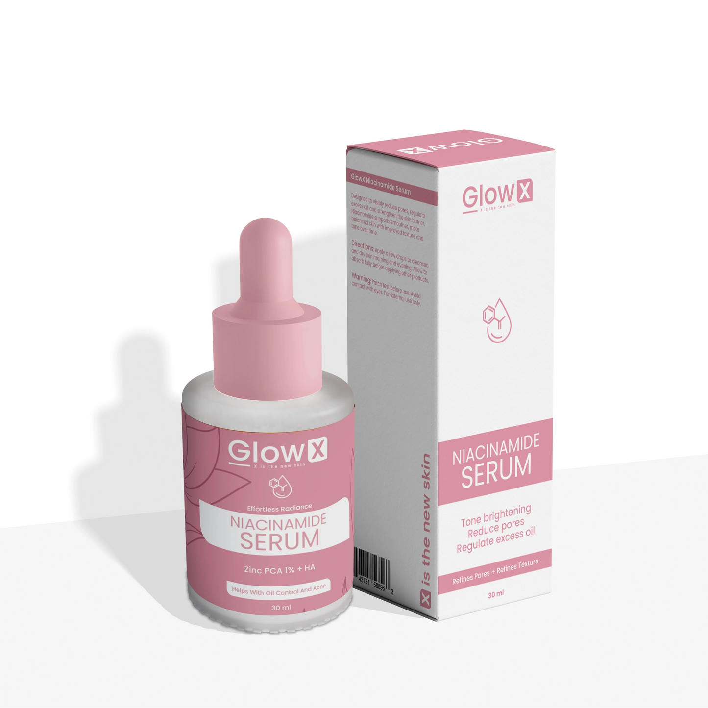 GlowX Niacinamide Serum bottle and packaging on a white background