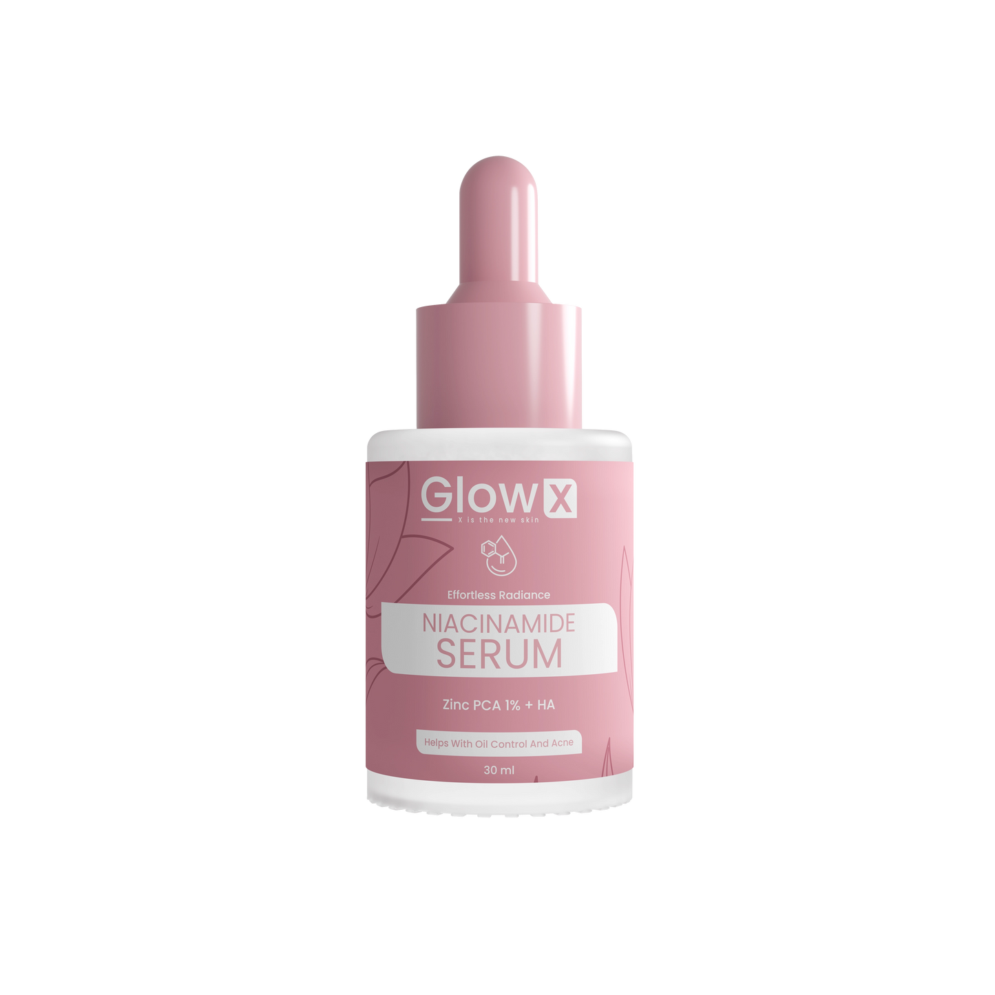 Glowx Niacinamide Serum bottle with pink dropper on a white background