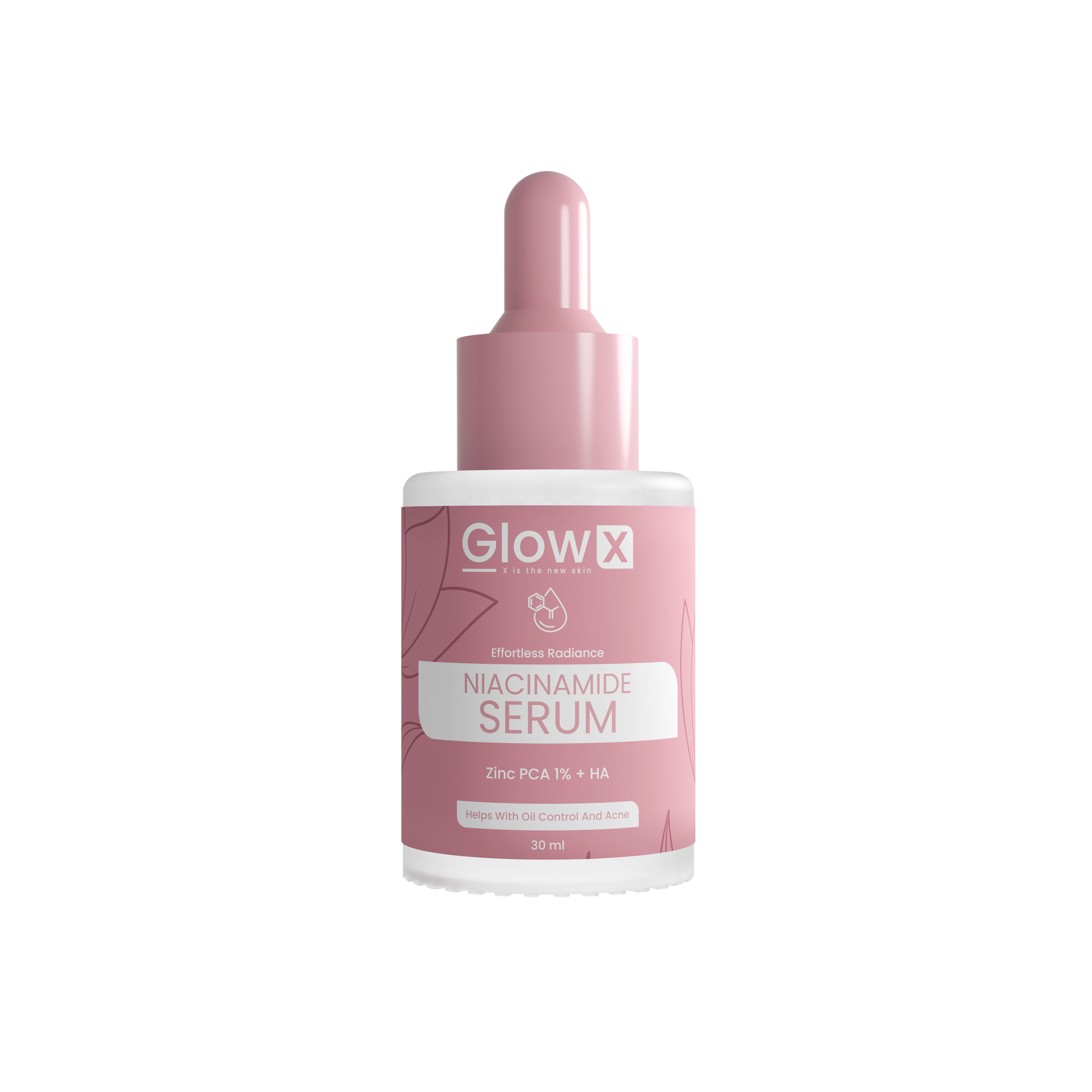 Glowx Niacinamide Serum bottle with pink dropper on a white background