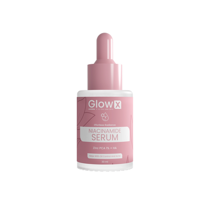 Glowx Niacinamide Serum bottle with pink dropper on a white background