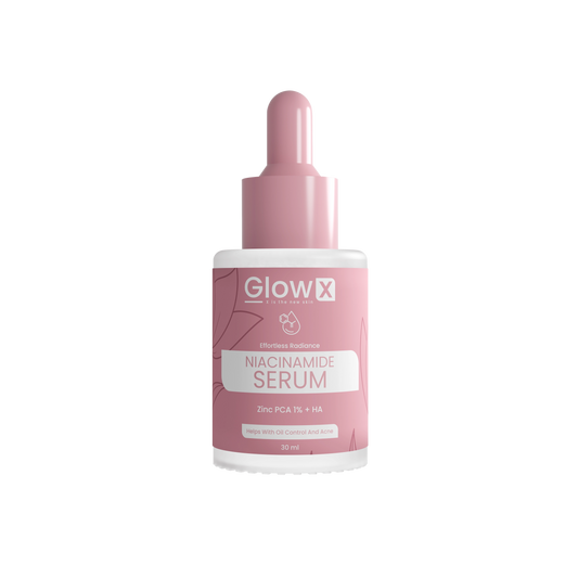 Glowx Niacinamide Serum bottle with pink dropper on a white background