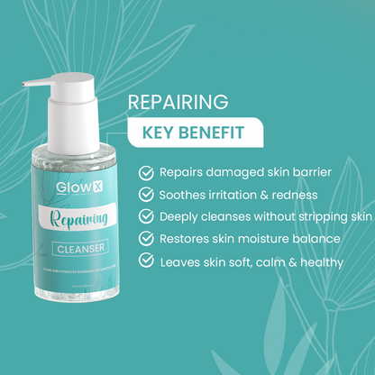 GlowX Repairing Cleanser bottle with key benefits on a teal background
