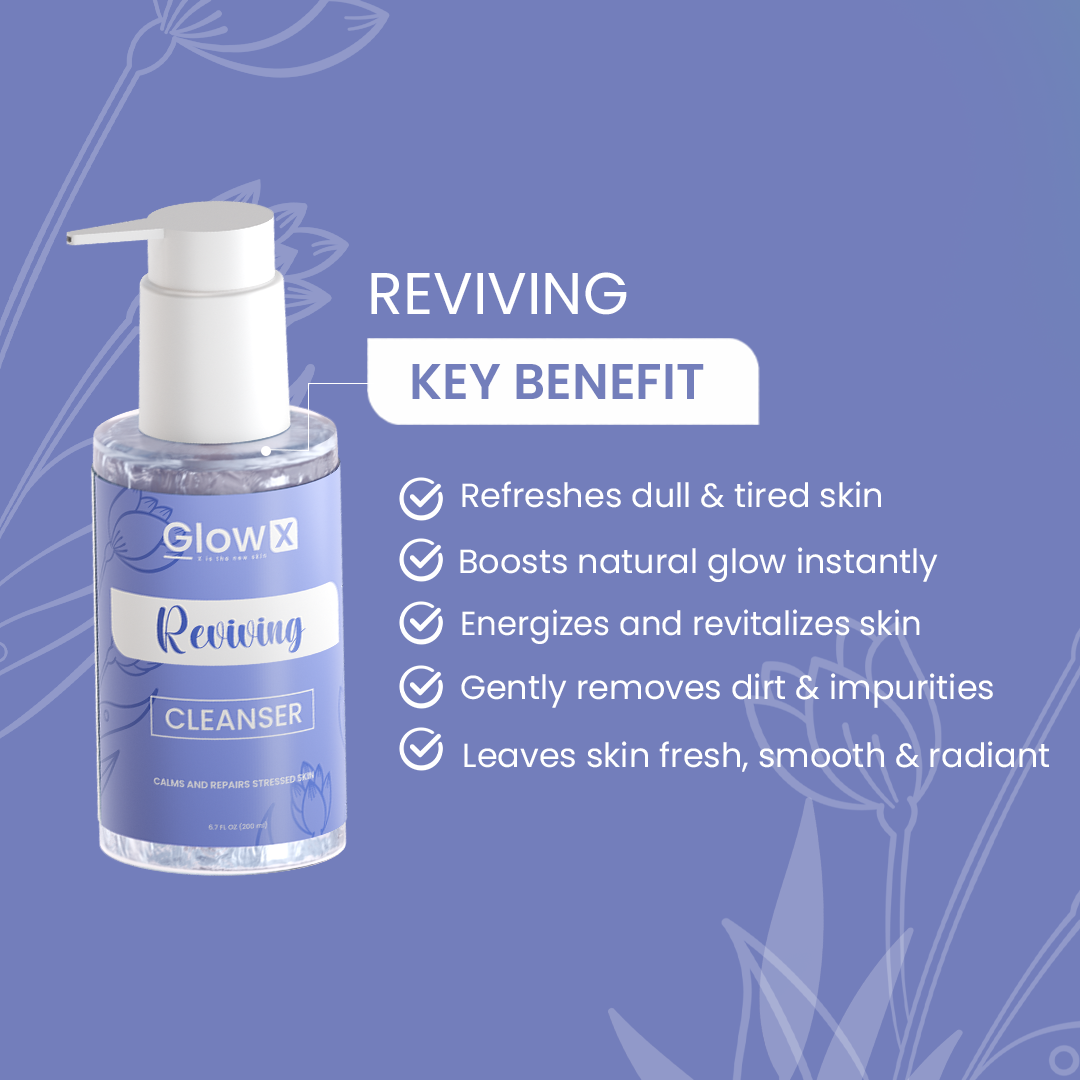 GlowX Reviving Cleanser bottle with key benefits on a blue background