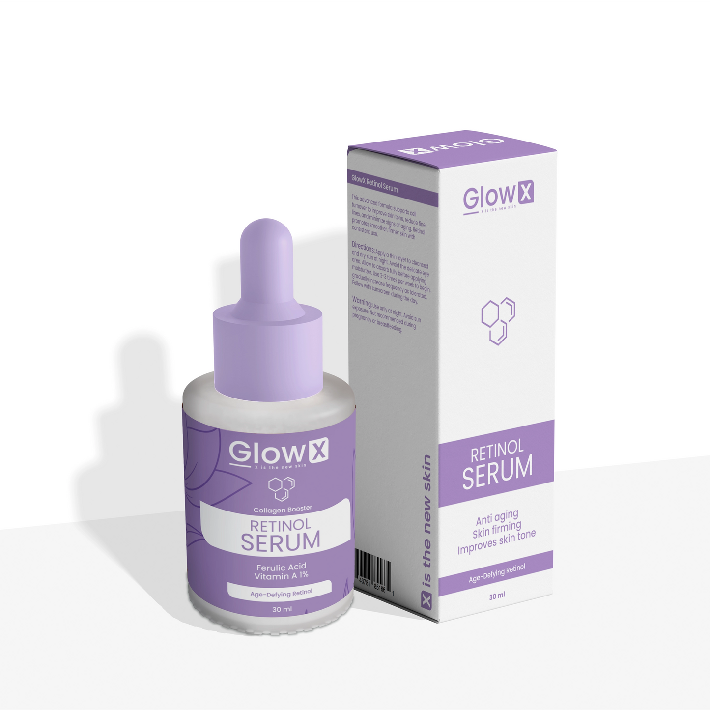 GlowX Retinol Serum bottle and packaging on a white background