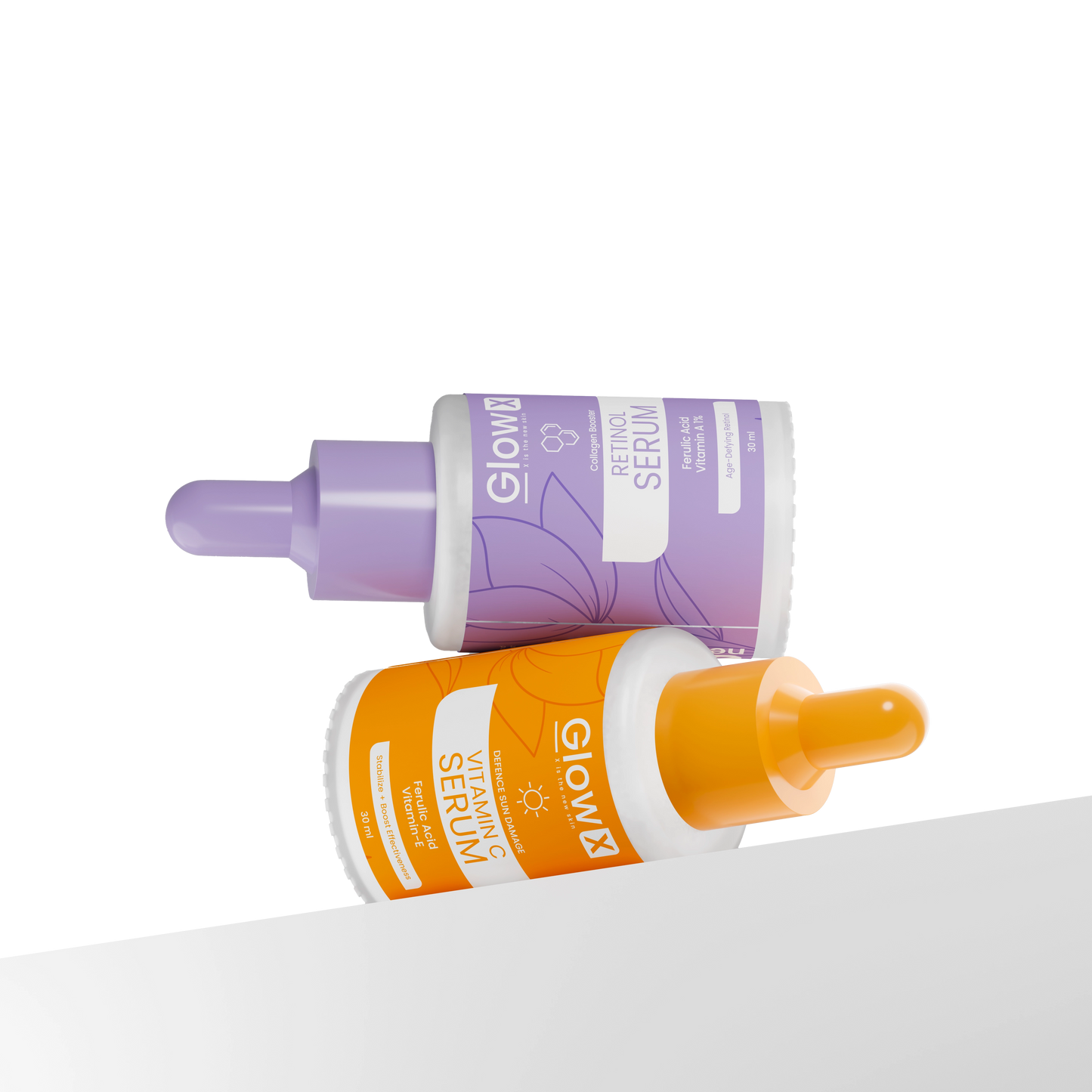 Glowx Two skincare serum bottles, one purple and one orange, on a white surface.