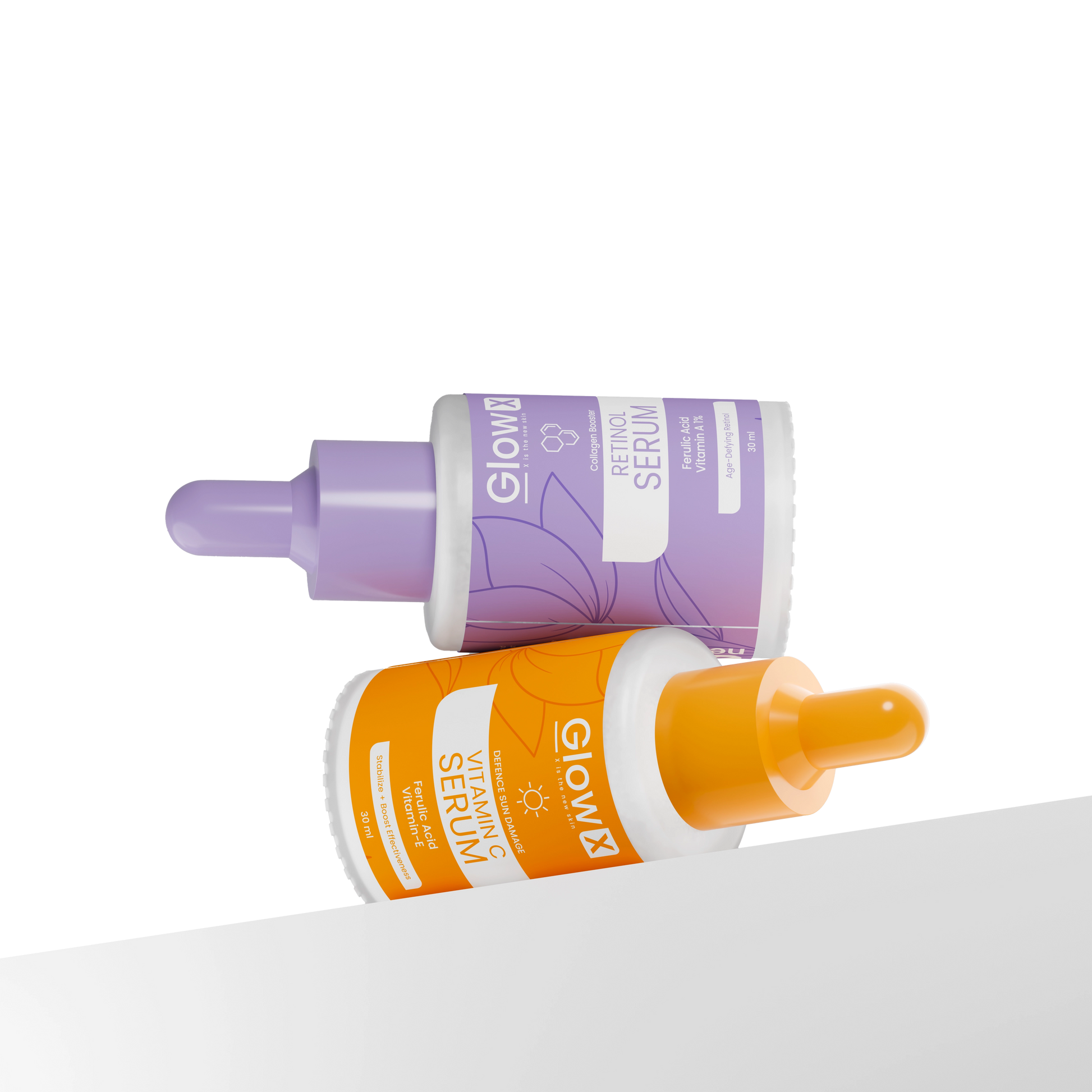 Glowx Two skincare serum bottles, one purple and one orange, on a white surface.