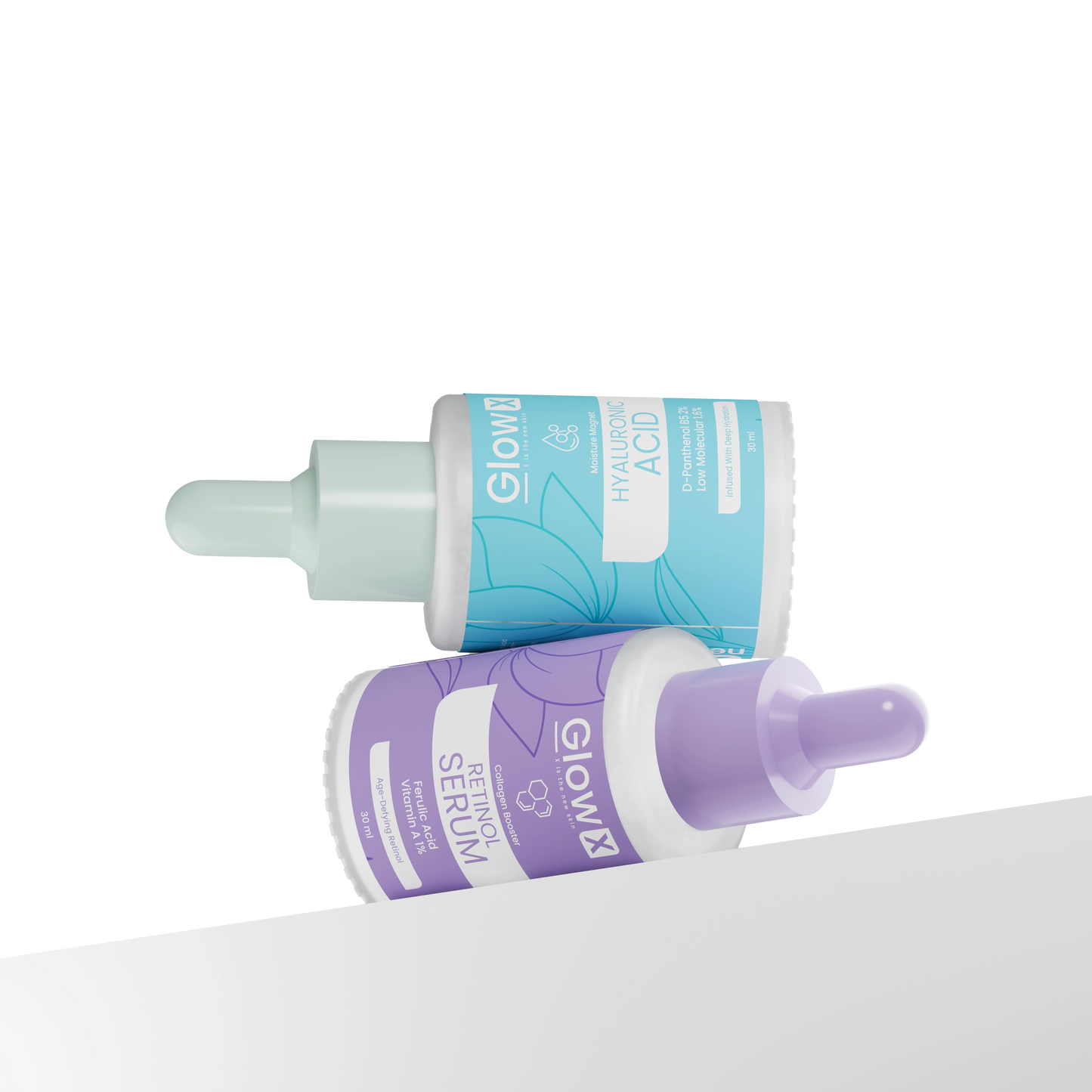 Glowx Two skincare dropper bottles with blue and purple labels on a white background