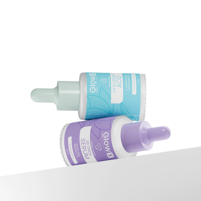 Glowx Two skincare dropper bottles with blue and purple labels on a white background