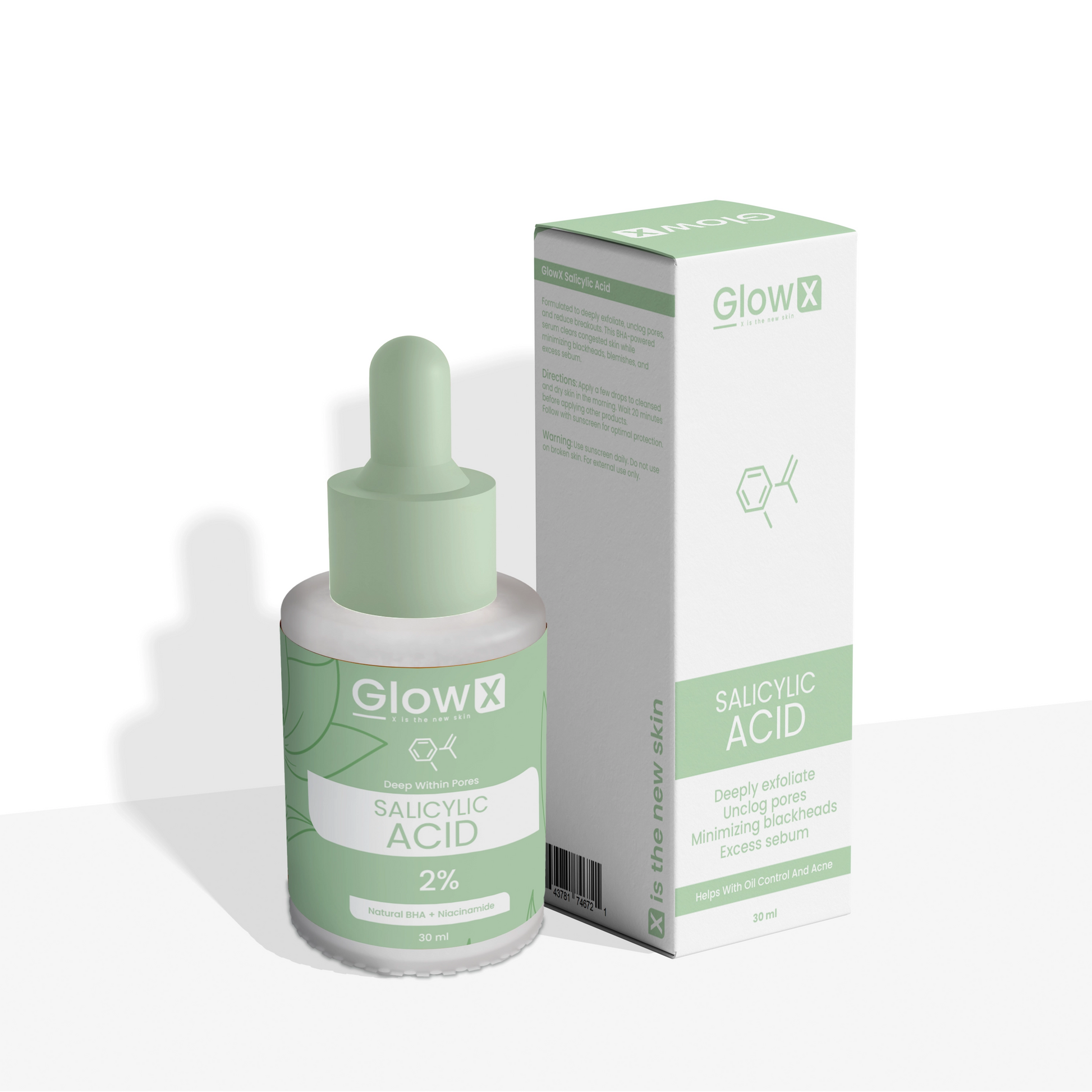 GlowX salicylic acid serum bottle and packaging on a white background