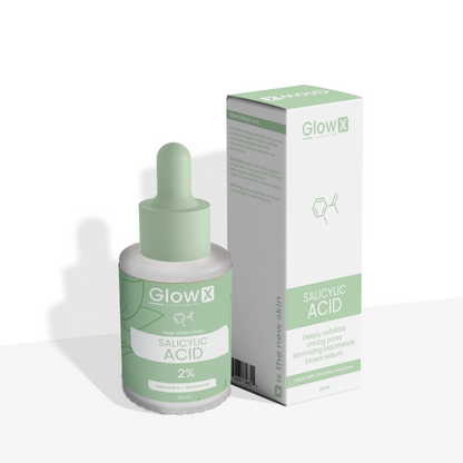 GlowX salicylic acid serum bottle and packaging on a white background